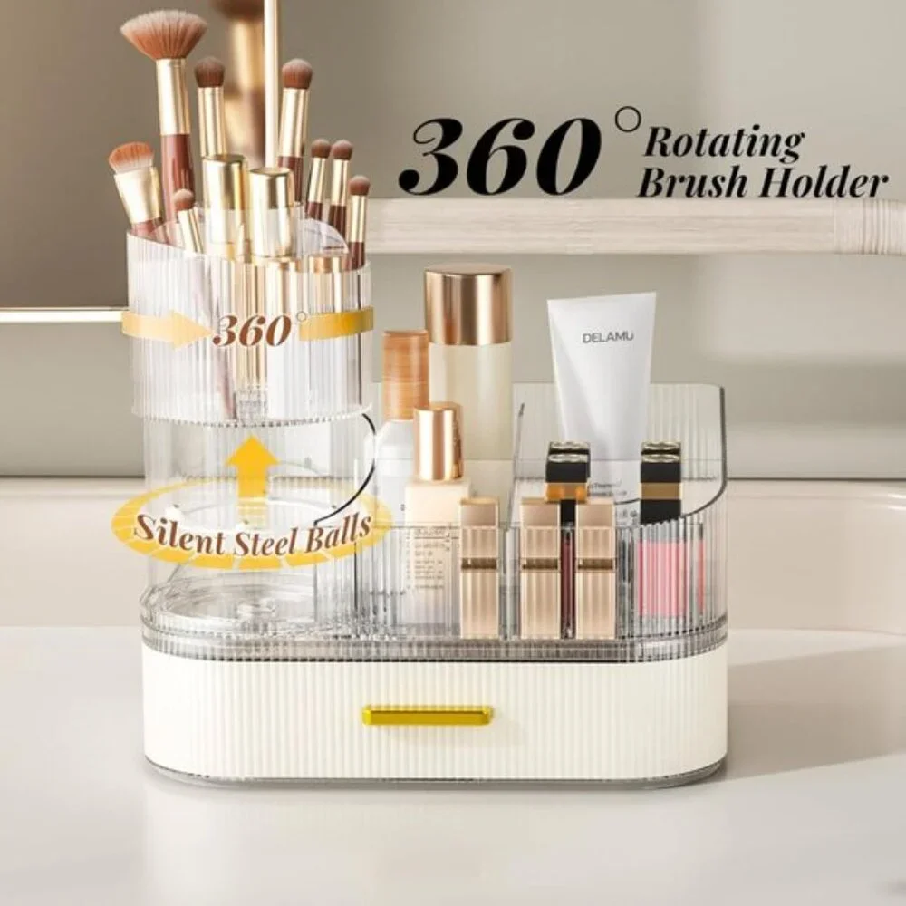 White Makeup Organizer, Stackable Drawers, 360° Rotating Brush Holder for Vanity
